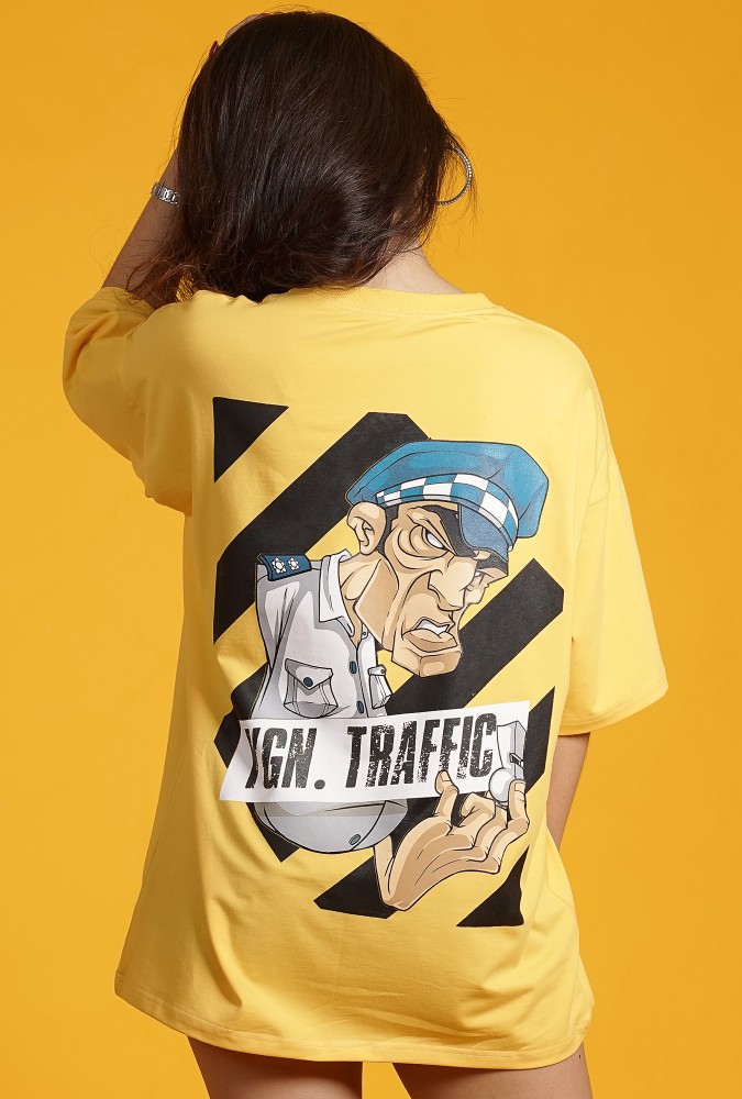 Ygn Traffic Police Oversized T-Shirt Girl  (Yellow)